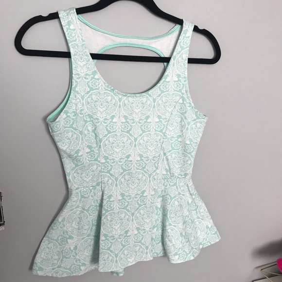 Aqua damask print peplum top with keyhole back - Picture 2 of 2